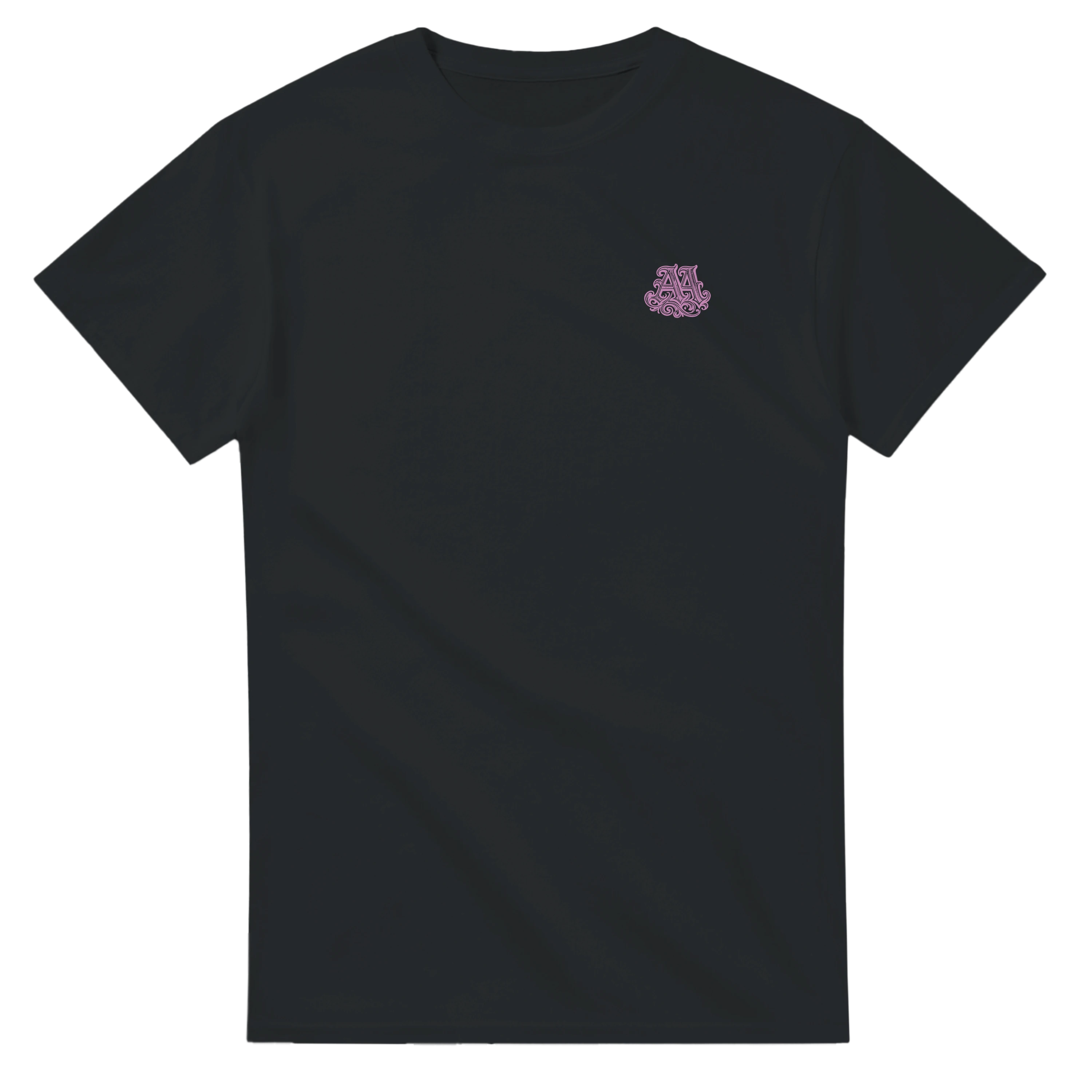 Black t-shirt with a small pink logo on the chest