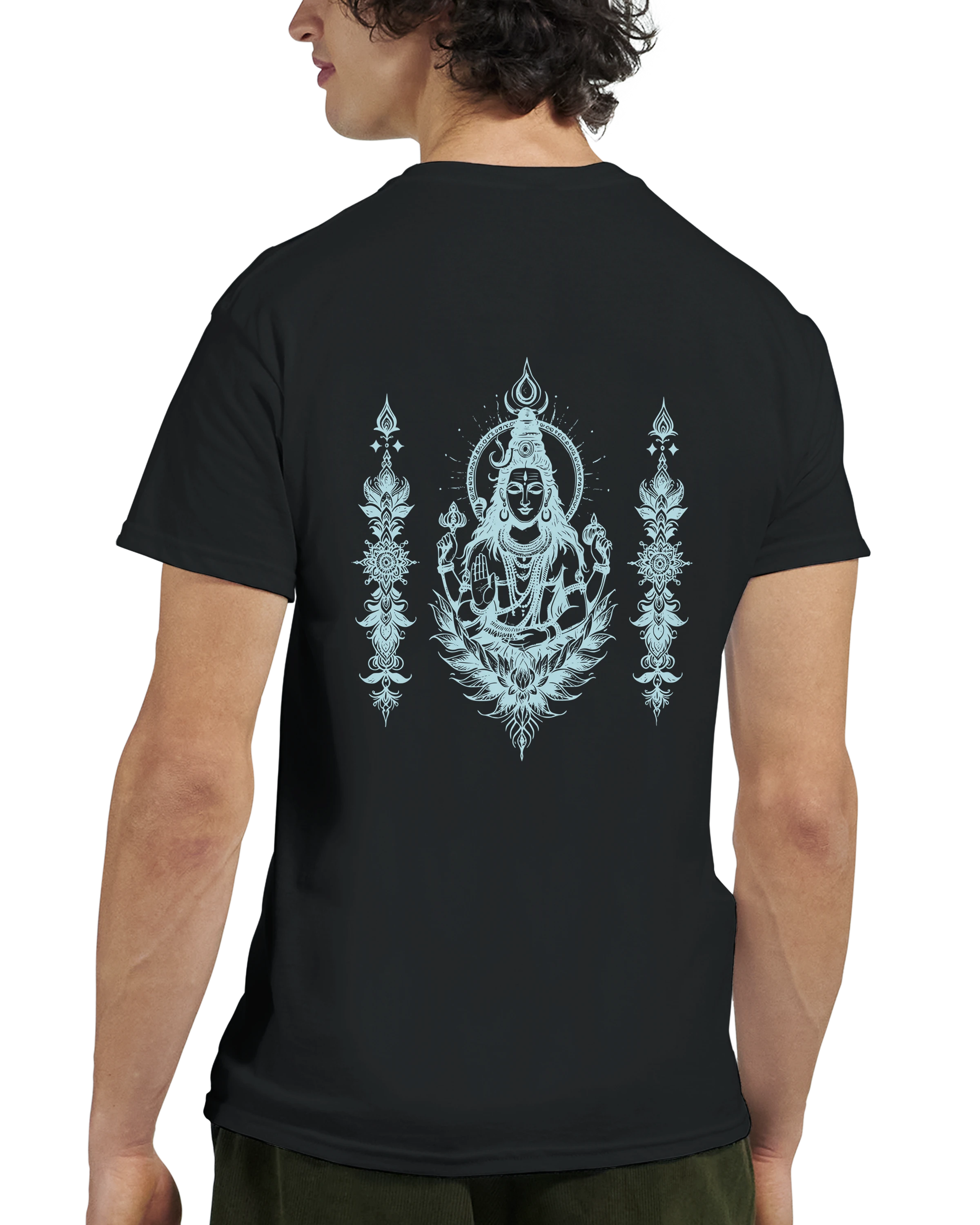 Black t shirt with blue back print of Shiva