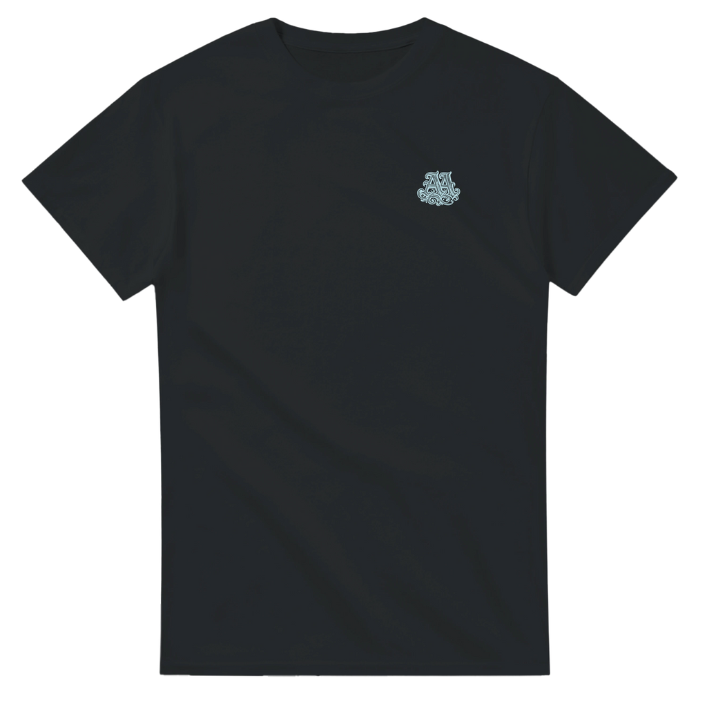 Black t shirt with blue logo on chest