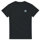 Black t shirt with blue logo on chest