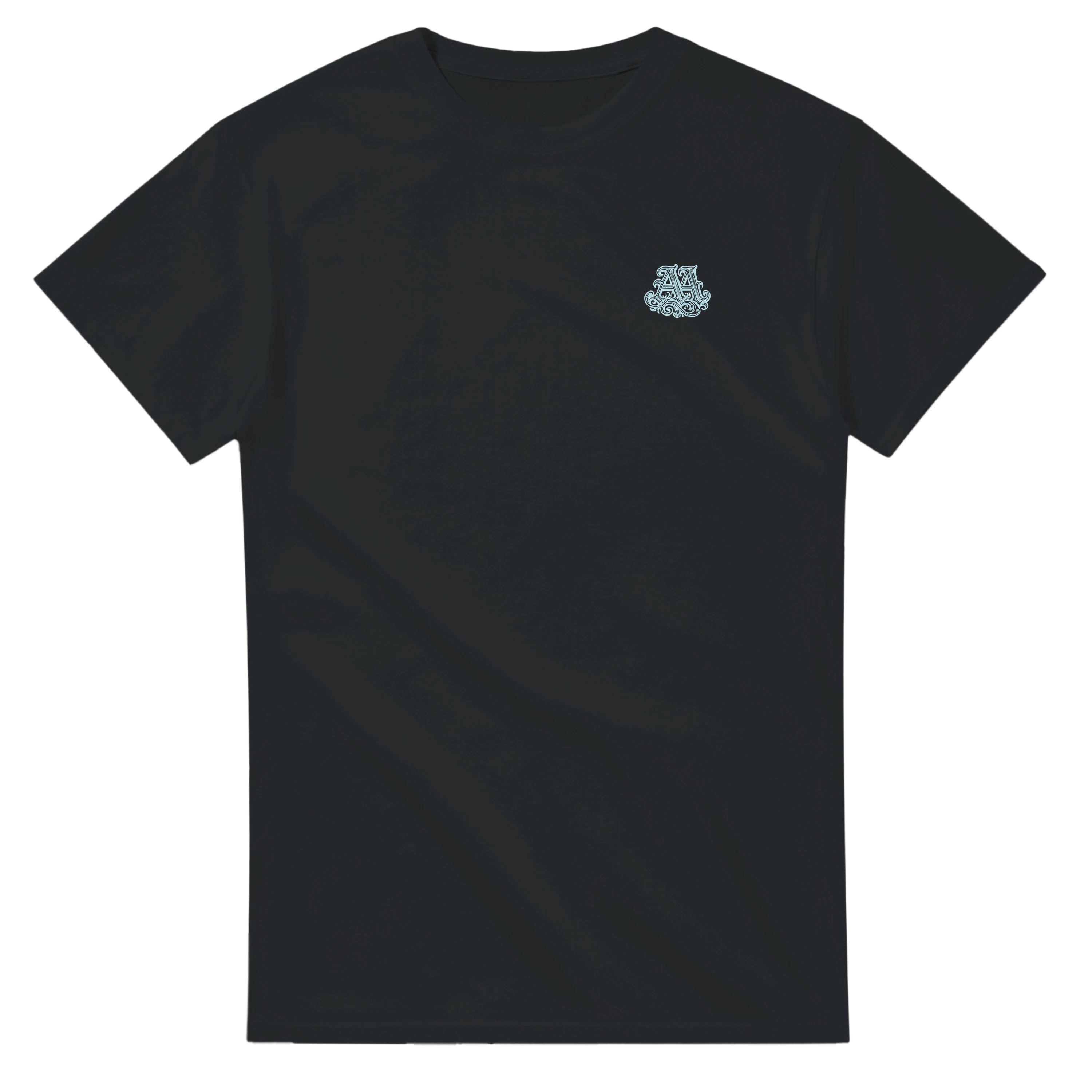 Black t shirt with blue logo on chest