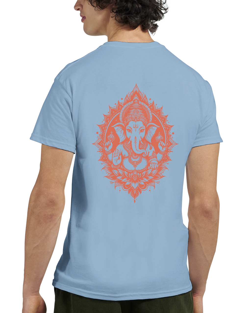 Blue t-shirt with a sunset Orange Ganesha print on a white background