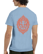 Blue t-shirt with a sunset Orange Ganesha print on a white background