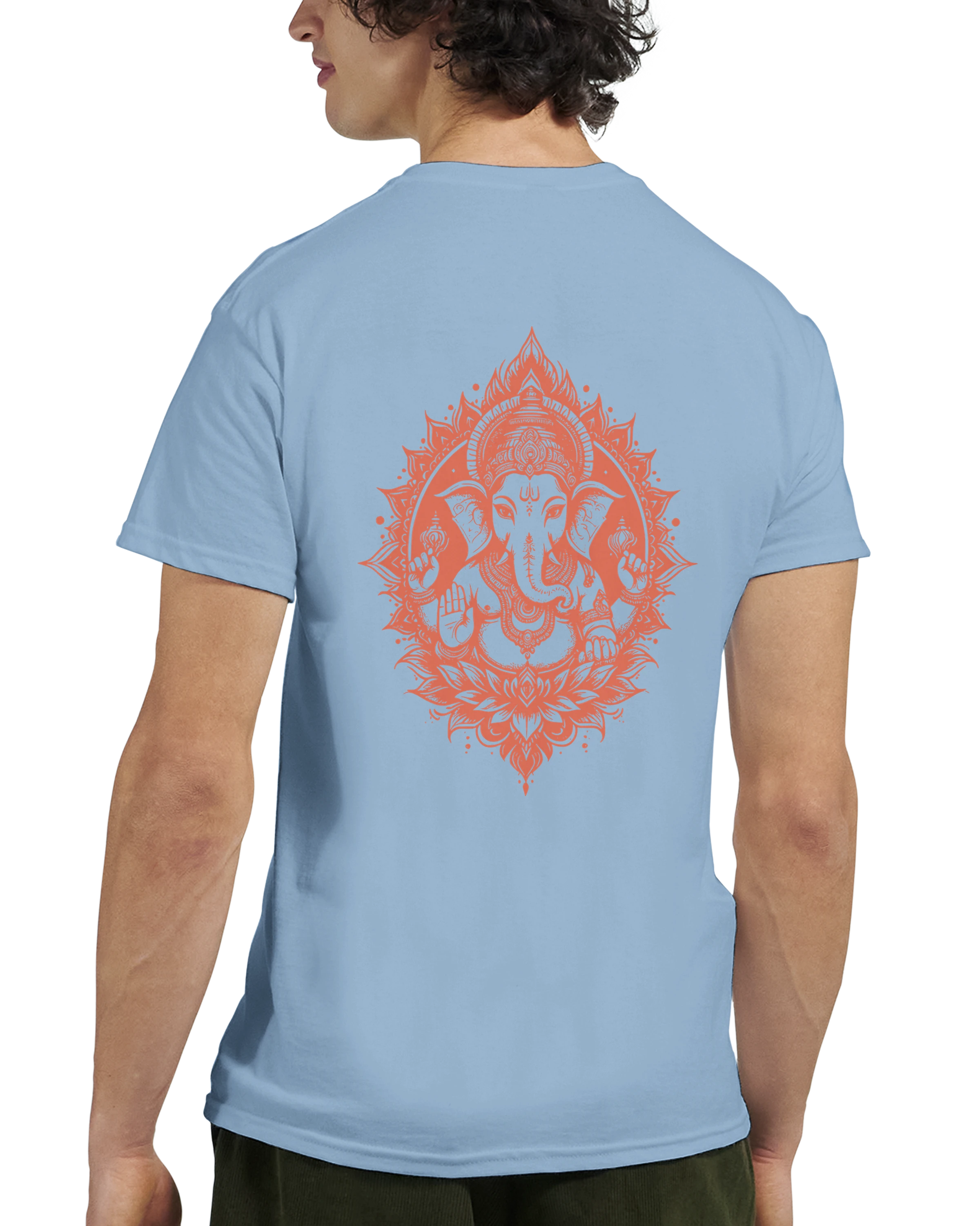 Blue t-shirt with a sunset Orange Ganesha print on a white background