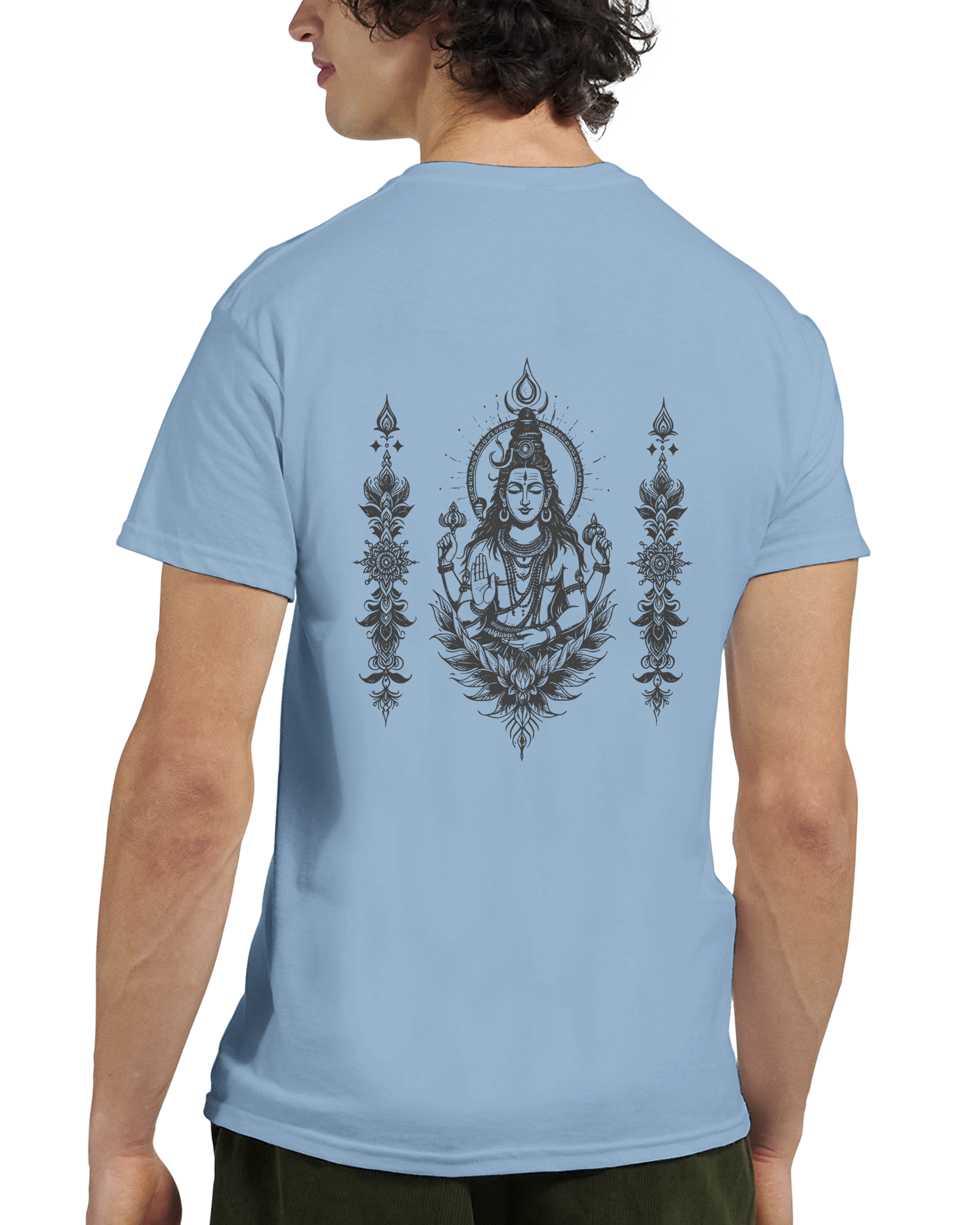 Blue t shirt with charcoal grey back print of Shiva