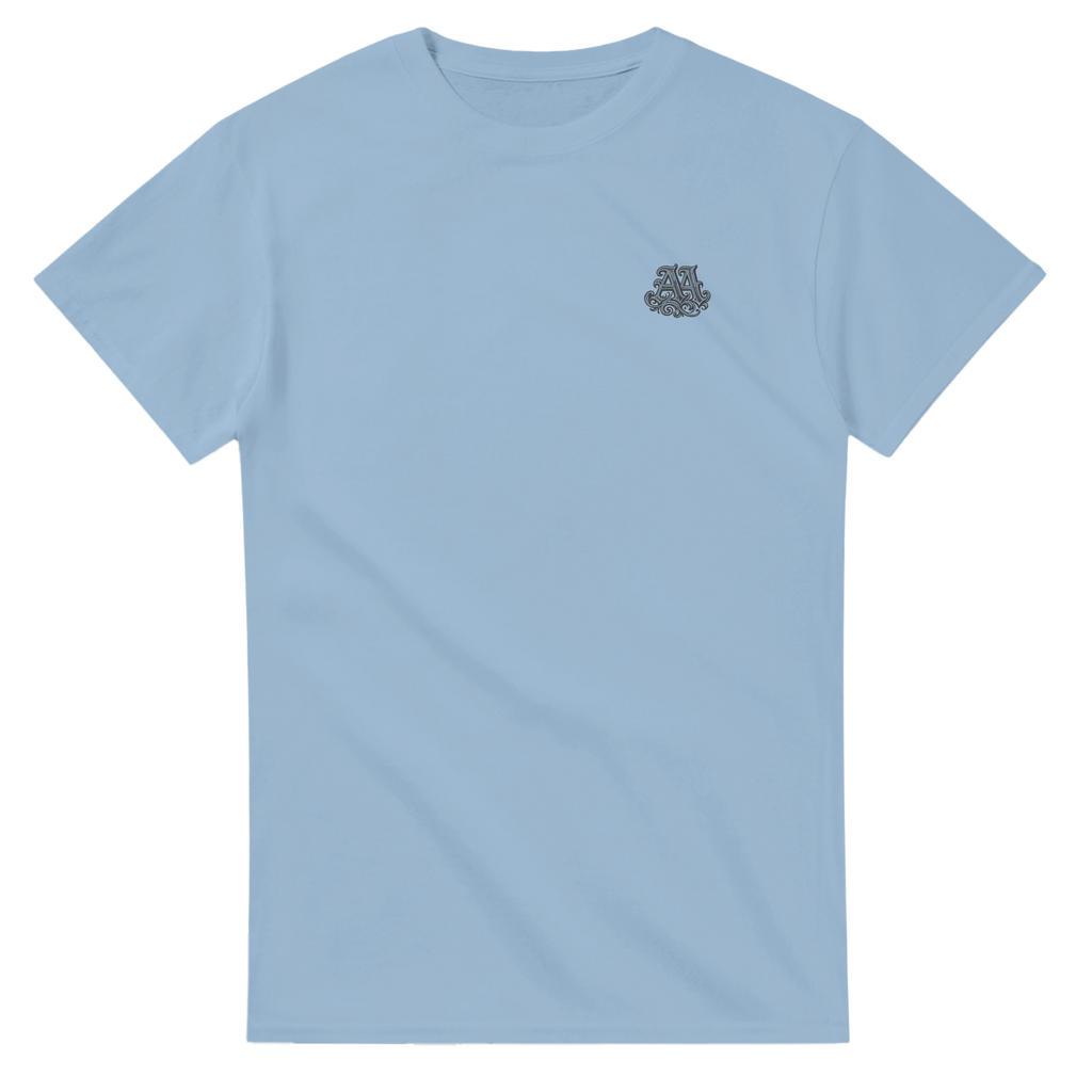 Light blue t-shirt with a charcoal grey small logo on the chest