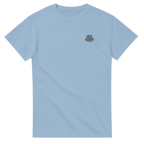 Light blue t-shirt with a charcoal grey small logo on the chest