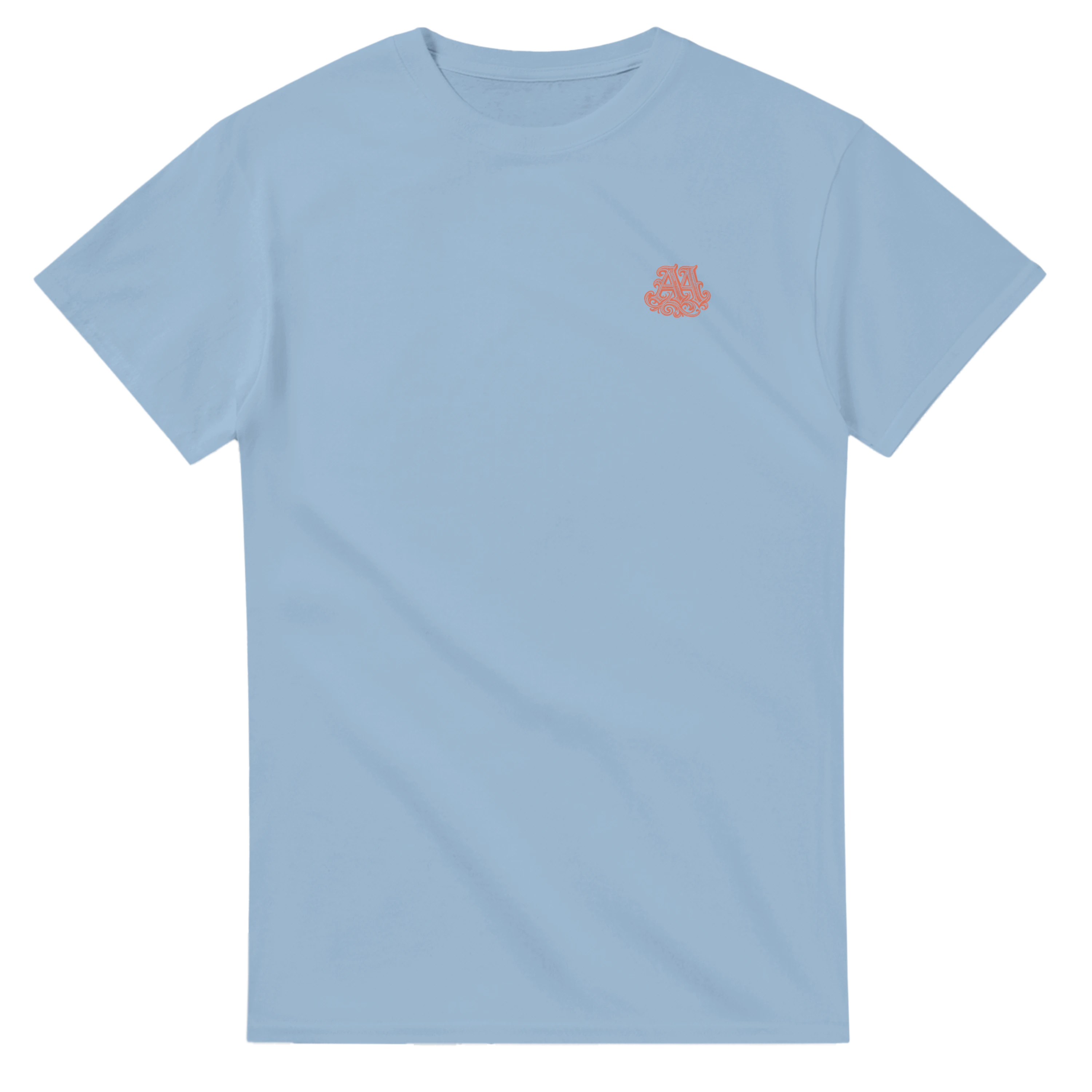 Light blue t-shirt with a small red orange on a white background