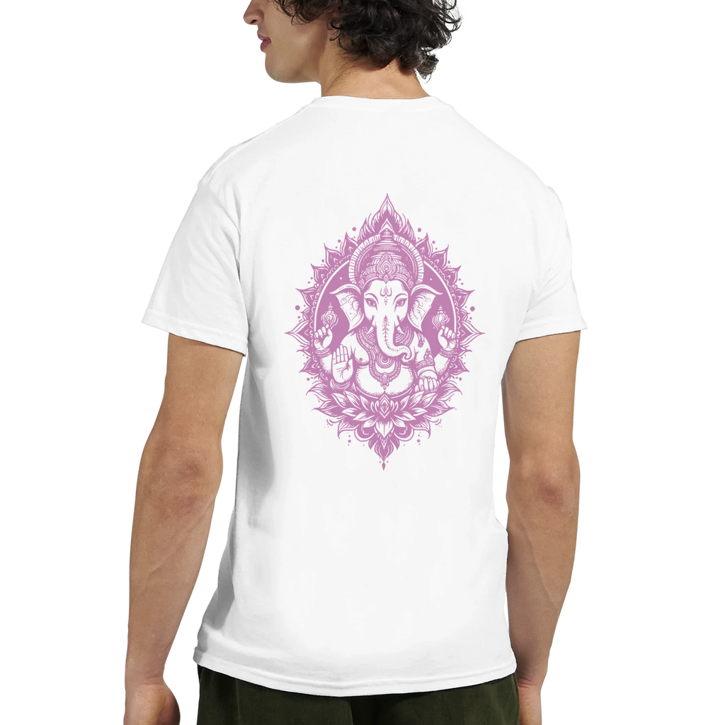 White t-shirt with a pink Ganesha print on a white background