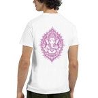 White t-shirt with a pink Ganesha print on a white background