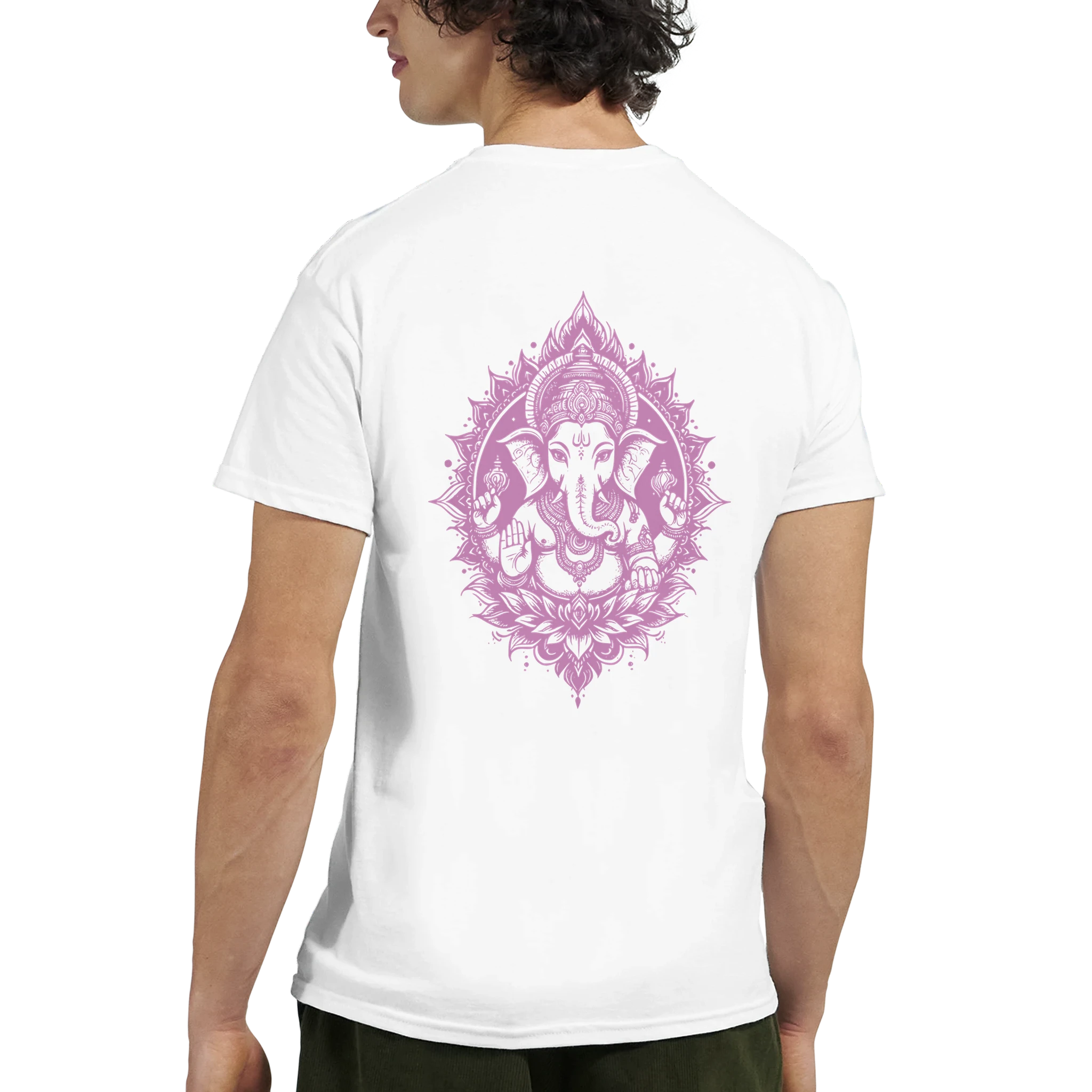White t-shirt with a pink Ganesha print on a white background