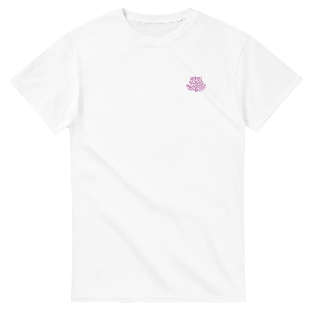 White t-shirt with a small pink logo on a white background