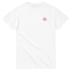White t-shirt with a small pink logo on a white background