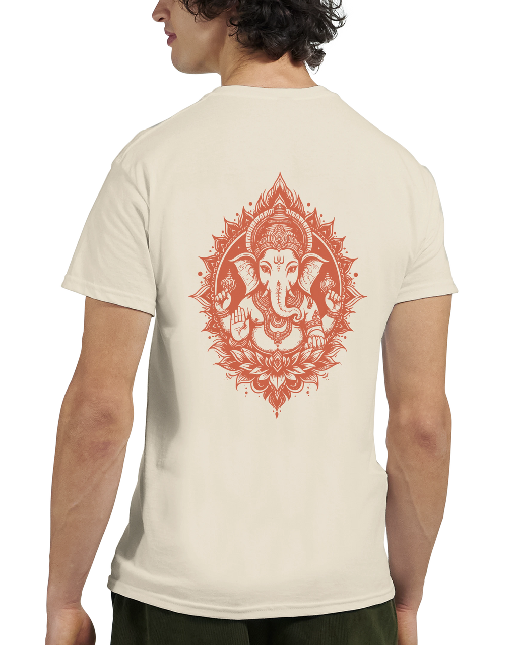 Beige t-shirt with an Orange Ganesha print on the back