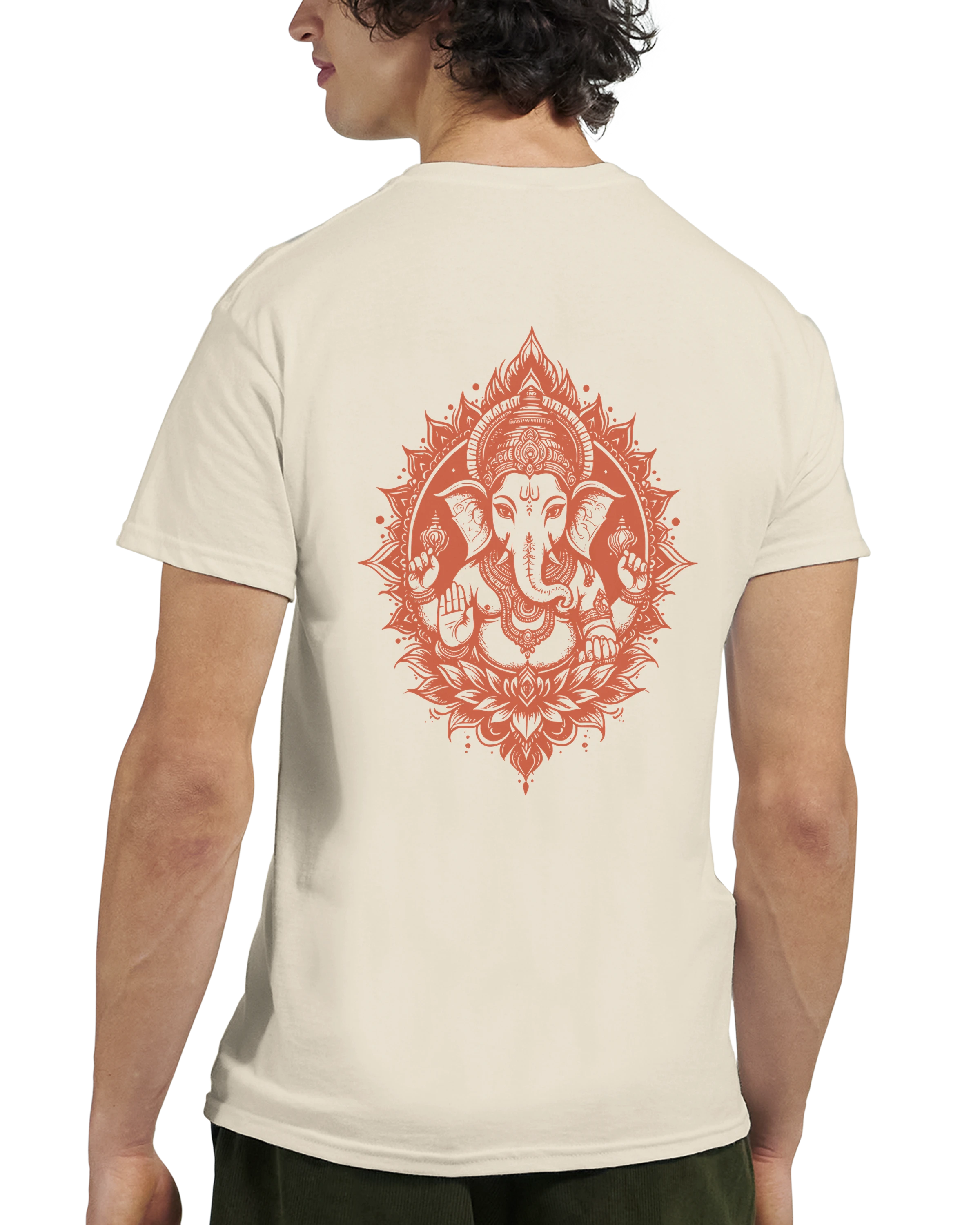 Beige t-shirt with an Orange Ganesha print on the back