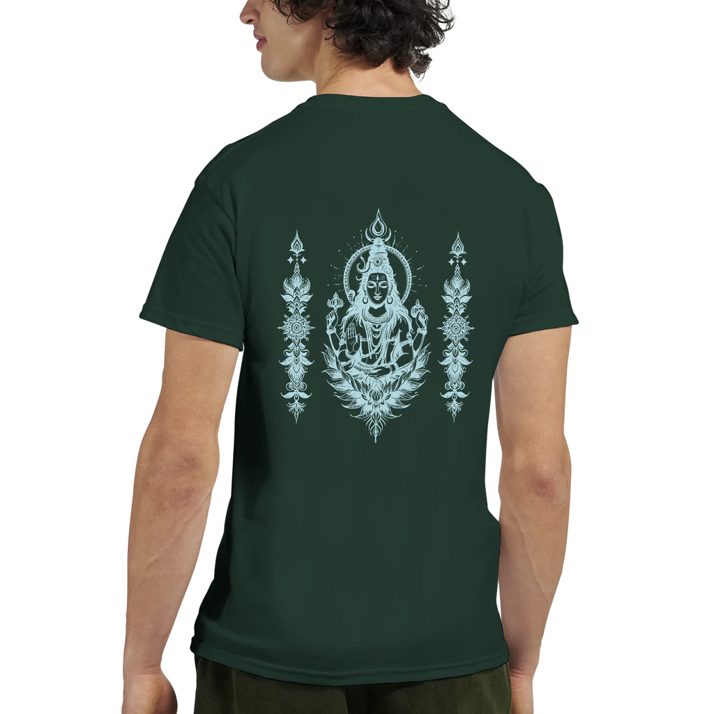 green t shirt with blue back print of Shiva
