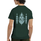 green t shirt with blue back print of Shiva