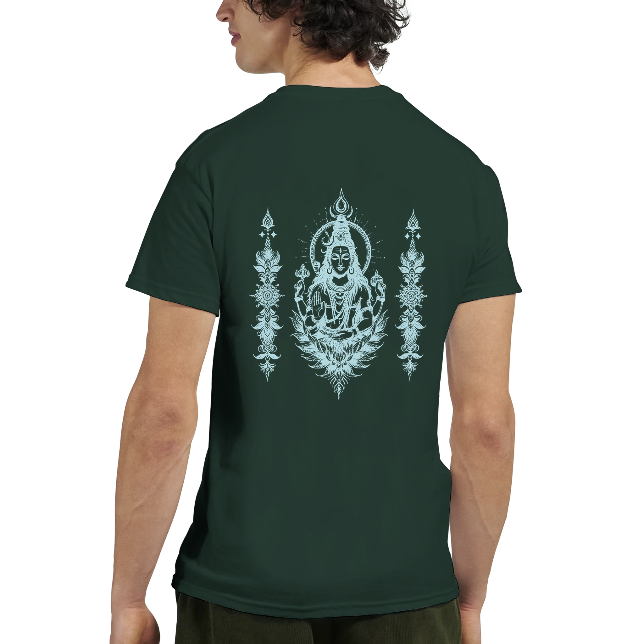 green t shirt with blue back print of Shiva
