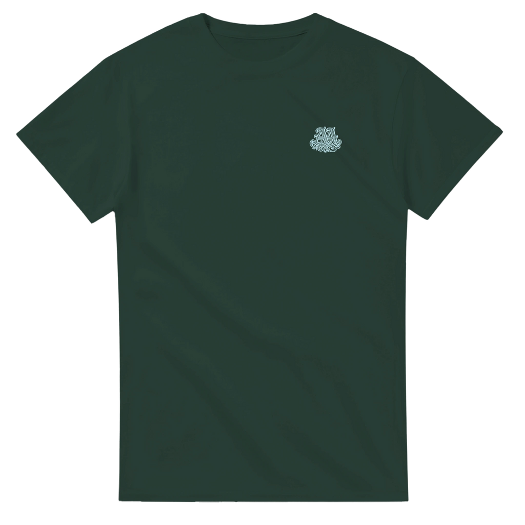 Green t-shirt with a small blue logo on the chest 