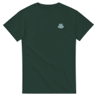 Green t-shirt with a small blue logo on the chest 