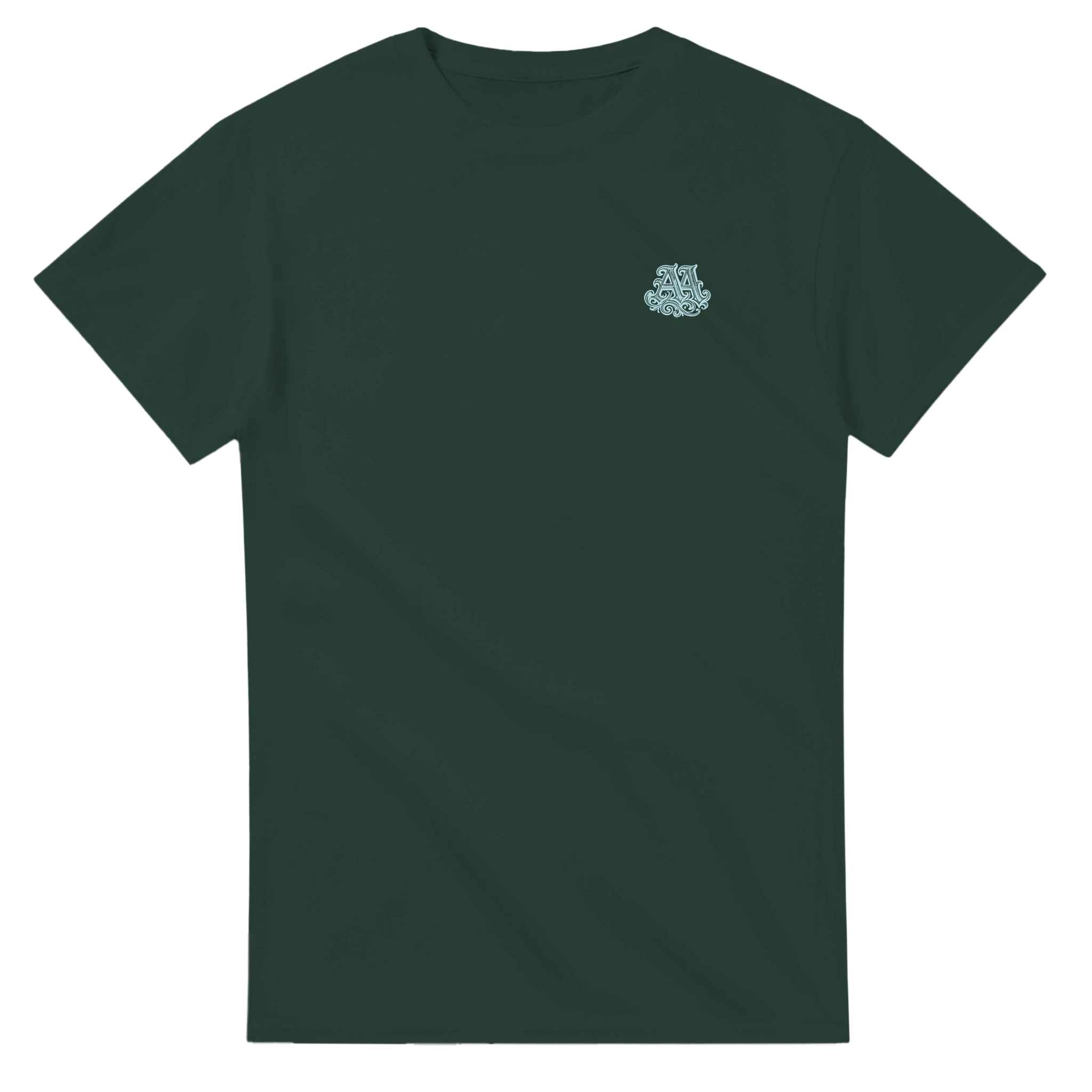 Green t-shirt with a small blue logo on the chest 