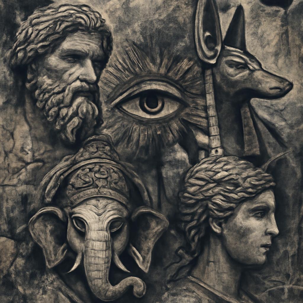 Decorative stone image with classical ancient Egyptian, greek Hindu-themed carvings