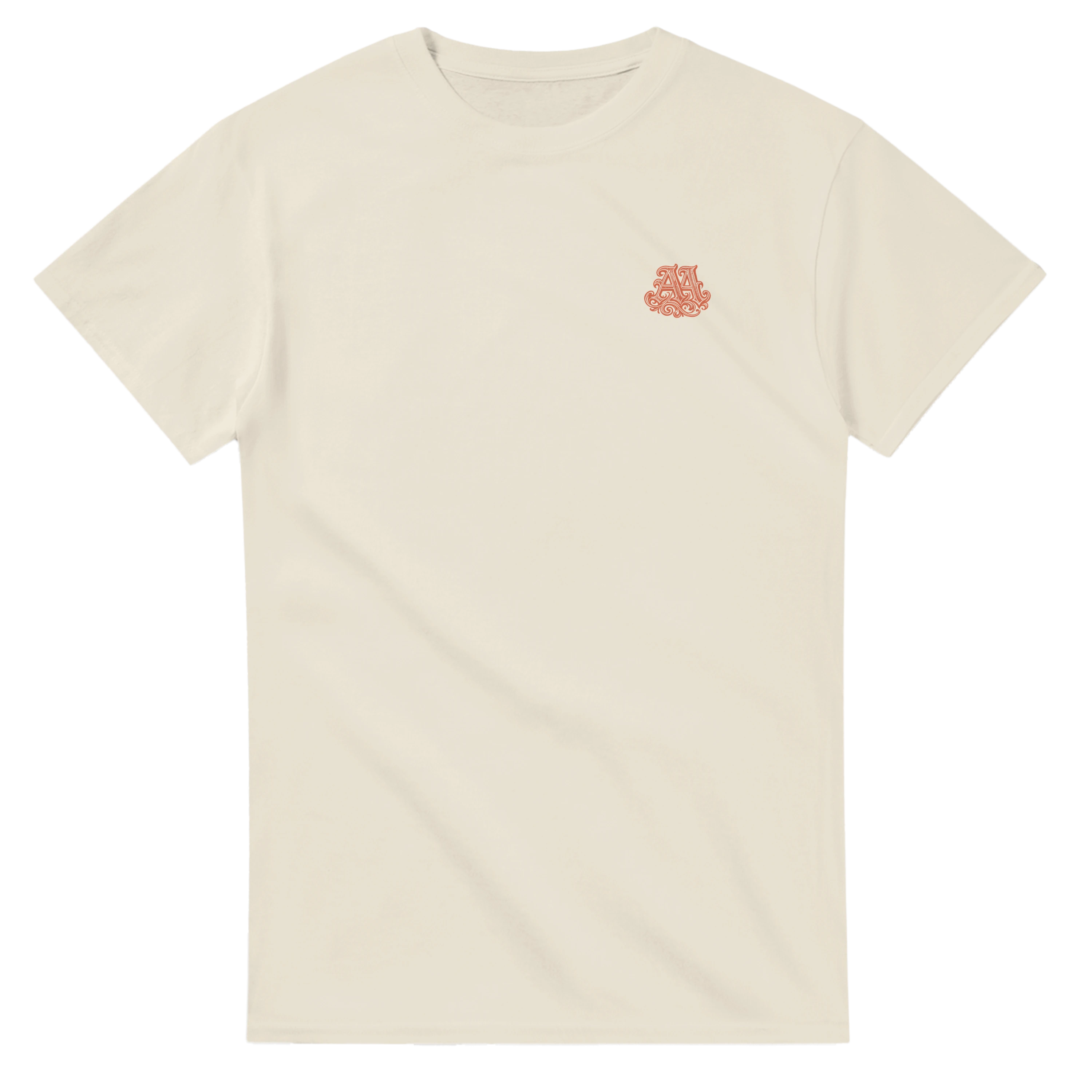 Beige t-shirt with a small orange logo on the chest