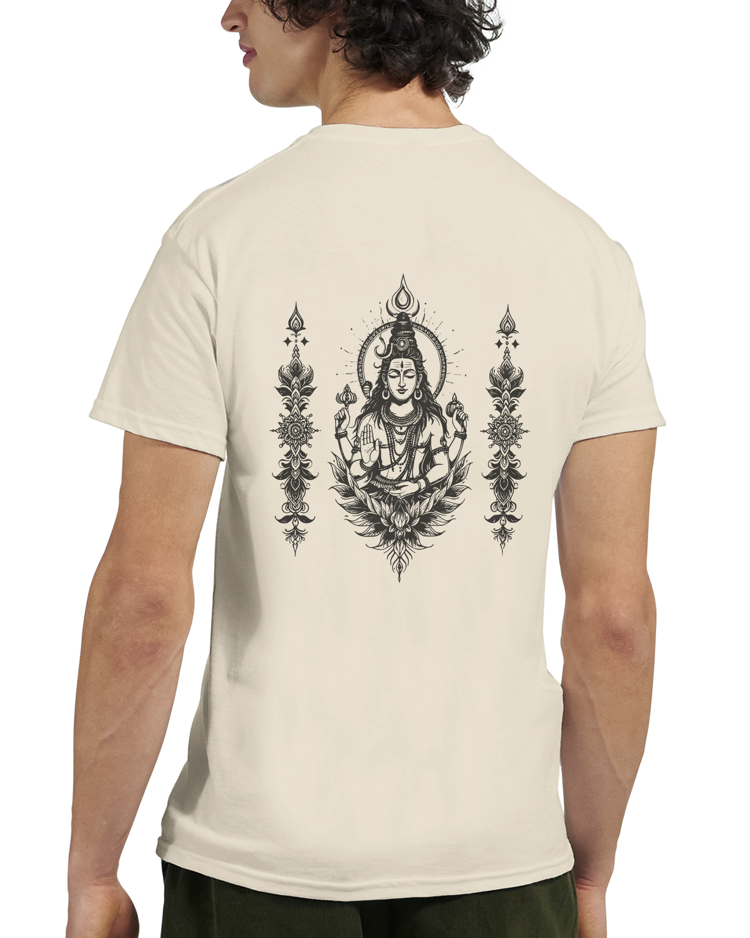 Beige t shirt with charcoal grey back print of Shiva