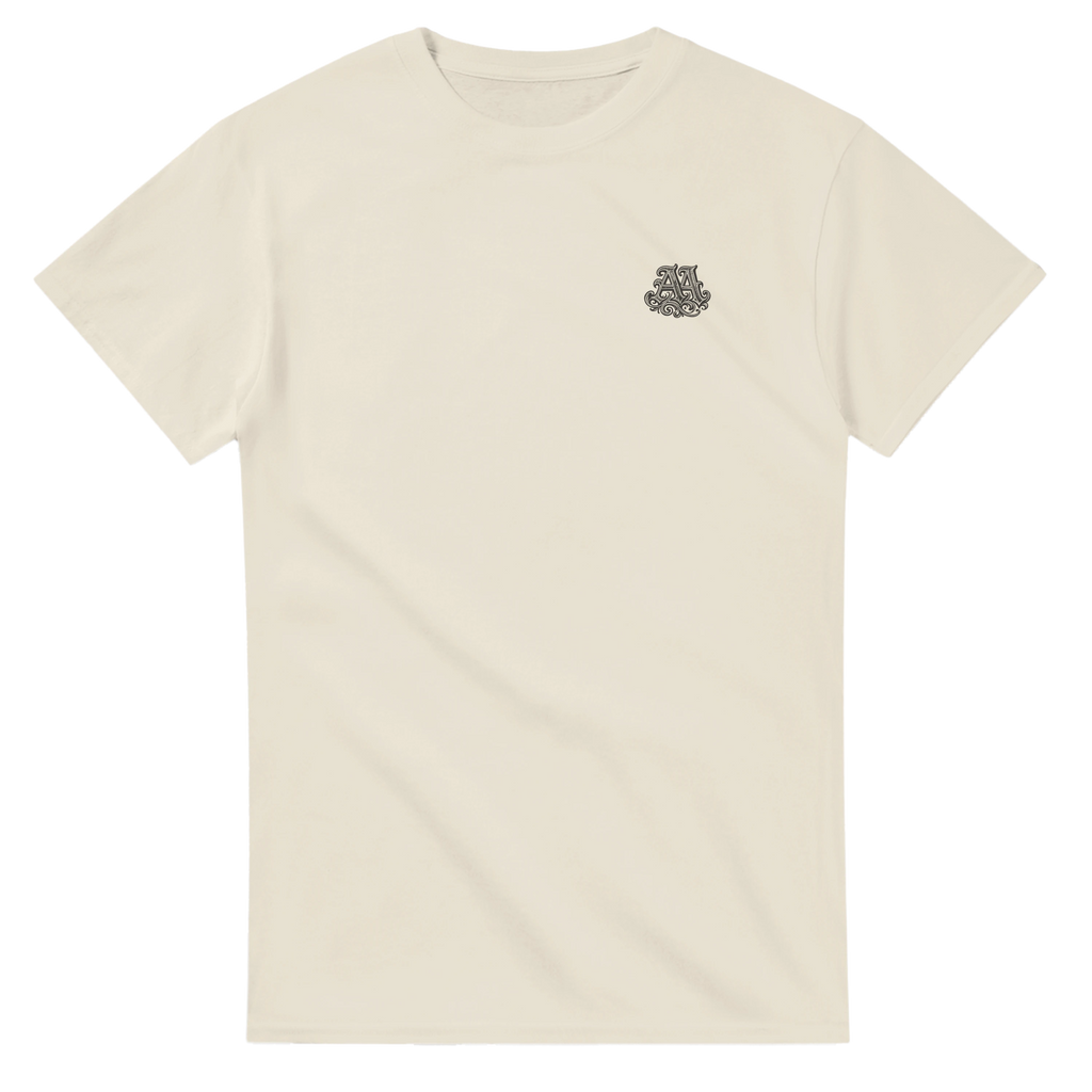 Beige t-shirt with a small logo on a white background