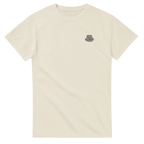 Beige t-shirt with a small logo on a white background