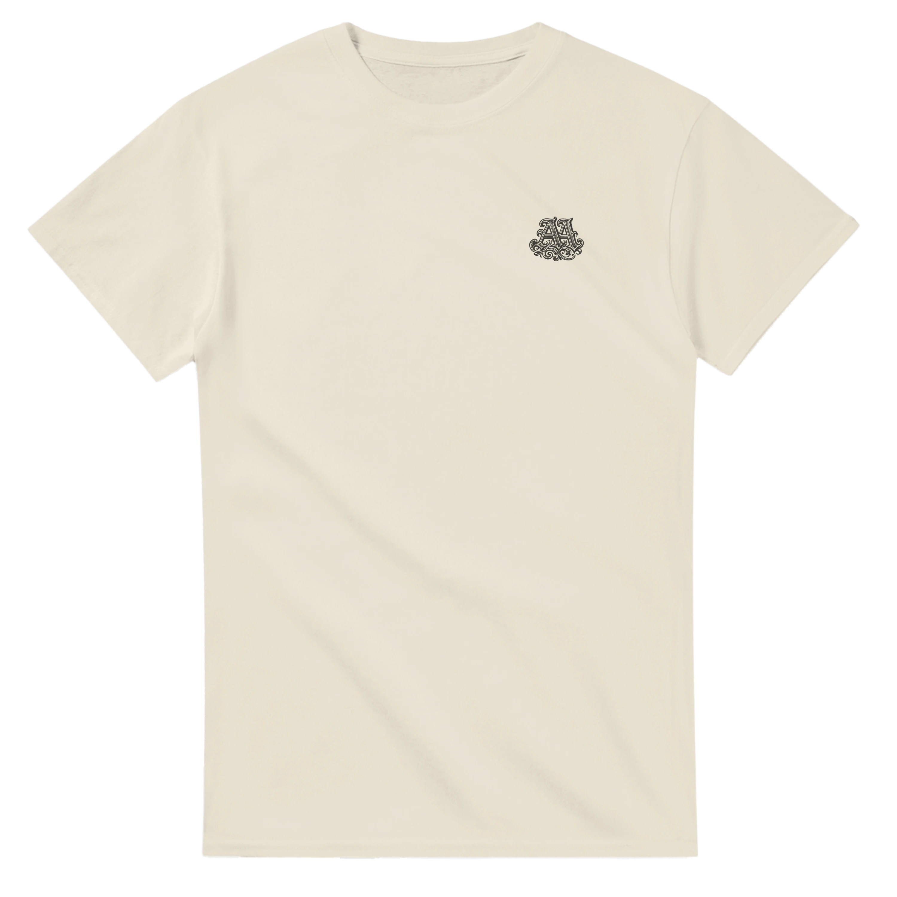 Beige t-shirt with a small logo on a white background